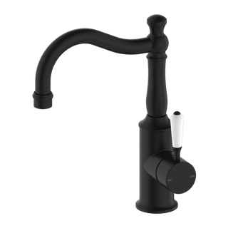 Nero York Basin Mixer Hook Spout With White Porcelain Lever - Matte Black - NR69210201MB