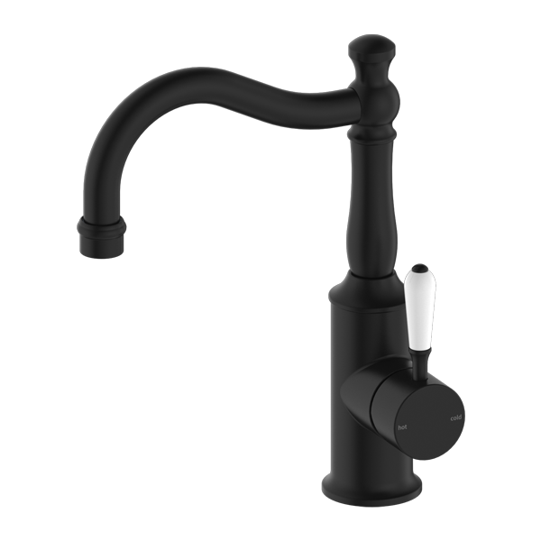 Nero York Basin Mixer Hook Spout With White Porcelain Lever - Matte Black - NR69210201MB