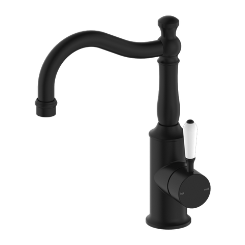 Nero York Basin Mixer Hook Spout With White Porcelain Lever - Matte Black