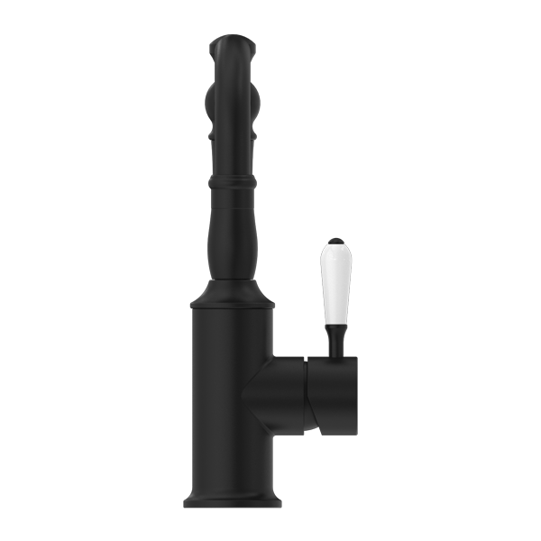 Nero York Basin Mixer Hook Spout With White Porcelain Lever - Matte Black - NR69210201MB