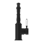Nero York Basin Mixer Hook Spout With White Porcelain Lever - Matte Black - NR69210201MB