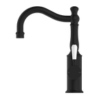 Nero York Basin Mixer Hook Spout With White Porcelain Lever - Matte Black - NR69210201MB