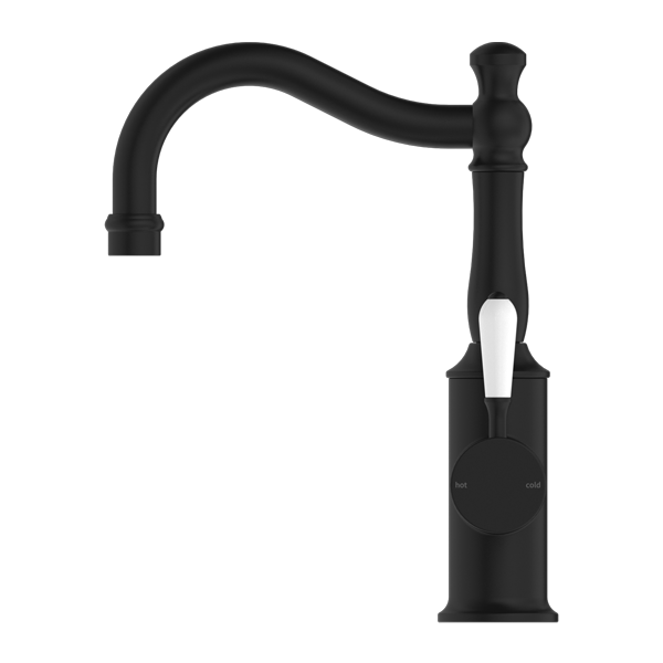 Nero York Basin Mixer Hook Spout With White Porcelain Lever - Matte Black - NR69210201MB
