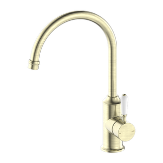 Nero York Kitchen Mixer Gooseneck Spout With White Porcelain Lever - Aged Brass - NR69210601AB