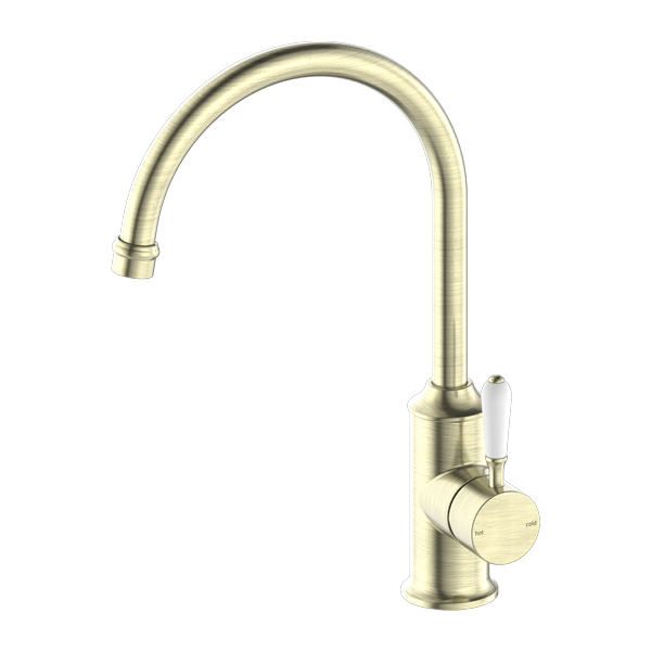 Nero York Kitchen Mixer Gooseneck Spout With White Porcelain Lever - Aged Brass - NR69210601AB