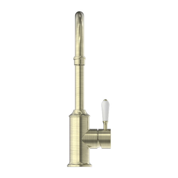 Nero York Kitchen Mixer Gooseneck Spout With White Porcelain Lever - Aged Brass - NR69210601AB