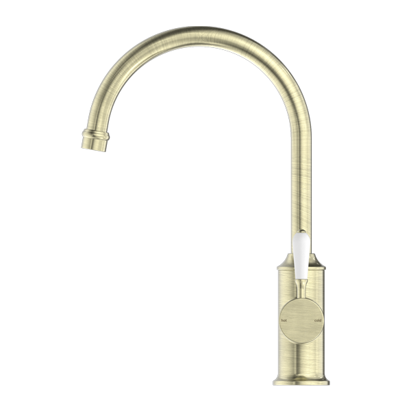 Nero York Kitchen Mixer Gooseneck Spout With White Porcelain Lever - Aged Brass - NR69210601AB