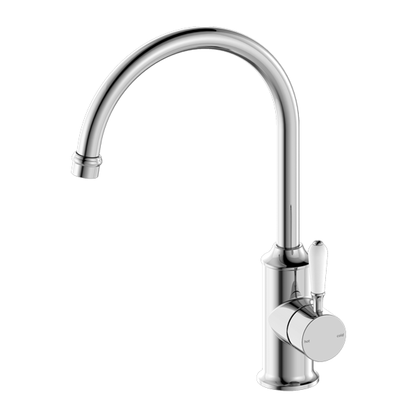 Nero York Kitchen Mixer Gooseneck Spout With White Porcelain Lever - Chrome - NR69210601CH