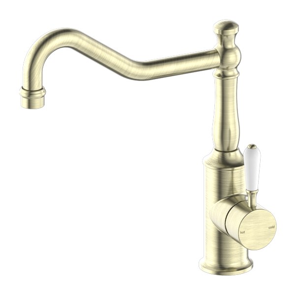 Nero York Kitchen Mixer Hook Spout With White Porcelain Lever - Aged Brass - NR69210701AB