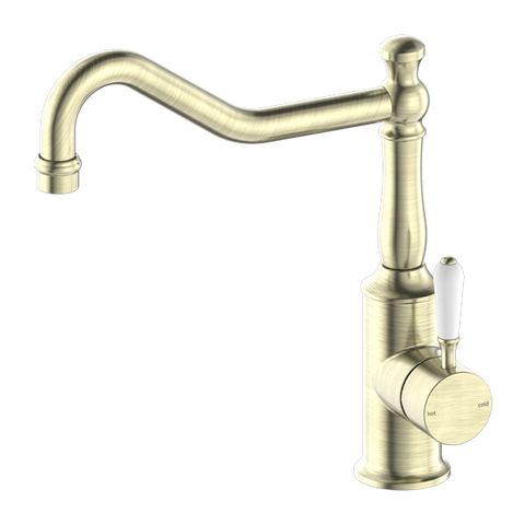 Nero York Kitchen Mixer Hook Spout With White Porcelain Lever - Aged Brass