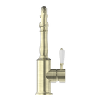 Nero York Kitchen Mixer Hook Spout With White Porcelain Lever - Aged Brass - NR69210701AB