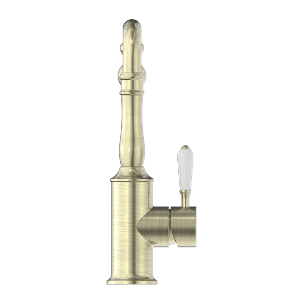 Nero York Kitchen Mixer Hook Spout With White Porcelain Lever - Aged Brass