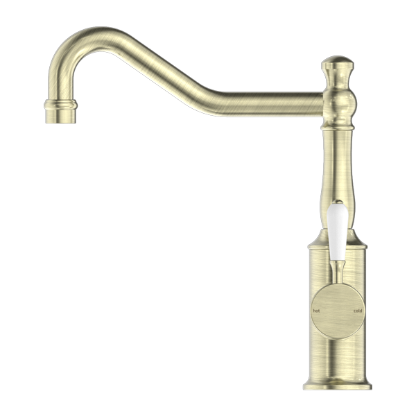 Nero York Kitchen Mixer Hook Spout With White Porcelain Lever - Aged Brass