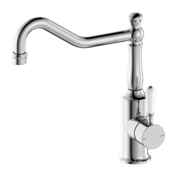 Nero York Kitchen Mixer Hook Spout With White Porcelain Lever - Chrome