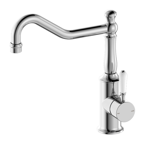 Nero York Kitchen Mixer Hook Spout With White Porcelain Lever - Chrome