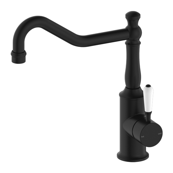Nero York Kitchen Mixer Hook Spout With White Porcelain Lever - Matte Black - NR69210701MB