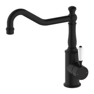 Nero York Kitchen Mixer Hook Spout With White Porcelain Lever - Matte Black - NR69210701MB