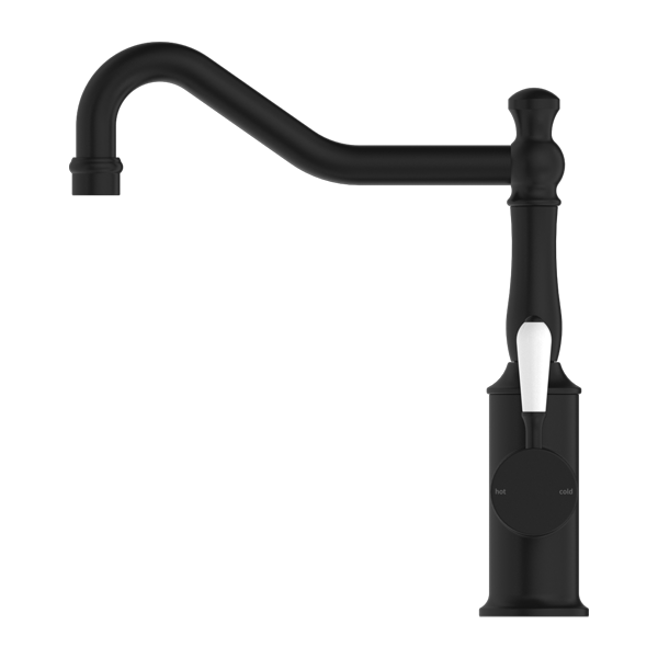 Nero York Kitchen Mixer Hook Spout With White Porcelain Lever - Matte Black - NR69210701MB