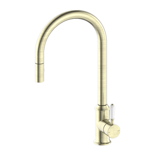 Nero York Pull Out Sink Mixer With Vegie Spray Function With White Porcelain Lever - Aged Brass - NR69210801AB