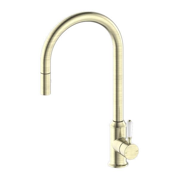 Nero York Pull Out Sink Mixer With Vegie Spray Function With White Porcelain Lever - Aged Brass - NR69210801AB