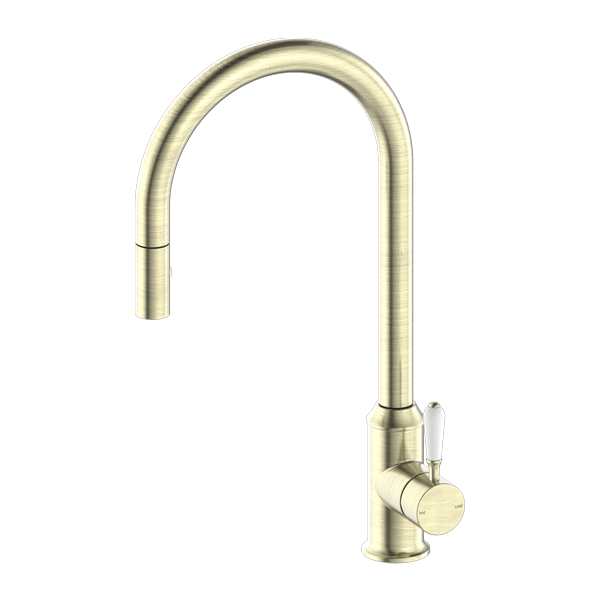 Nero York Pull Out Sink Mixer With Vegie Spray Function With White Porcelain Lever - Aged Brass