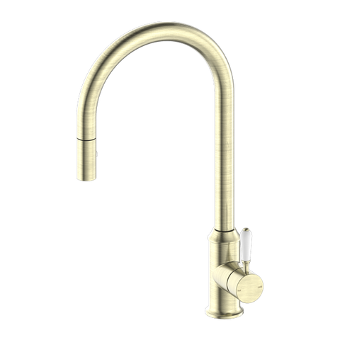 Nero York Pull Out Sink Mixer With Vegie Spray Function With White Porcelain Lever - Aged Brass