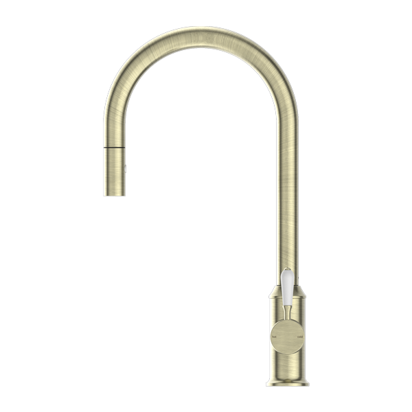 Nero York Pull Out Sink Mixer With Vegie Spray Function With White Porcelain Lever - Aged Brass - NR69210801AB
