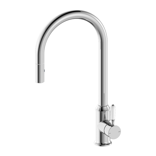 Nero York Pull Out Sink Mixer With Vegie Spray Function With White Porcelain Lever - Chrome - NR69210801CH