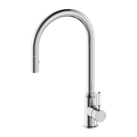 Nero York Pull Out Sink Mixer With Vegie Spray Function With White Porcelain Lever - Chrome