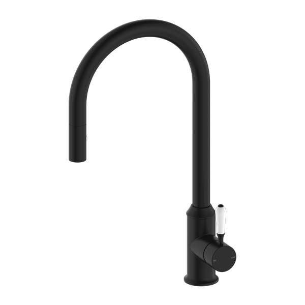 Nero York Pull Out Sink Mixer With Vegie Spray Function With White Porcelain Lever - Matte Black - NR69210801MB