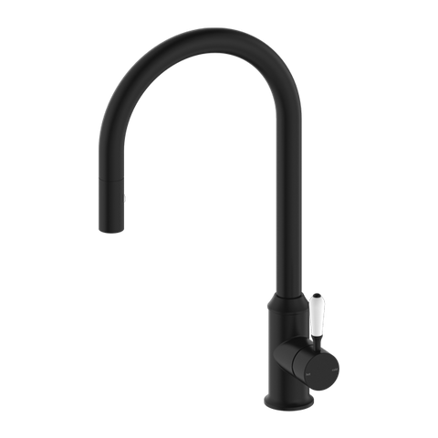Nero York Pull Out Sink Mixer With Vegie Spray Function With White Porcelain Lever - Matte Black