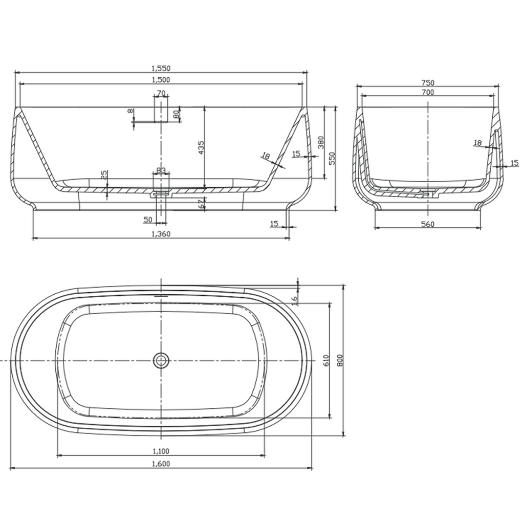 Studio Bagno Nur 1600 Freestanding Bath (Includes Overflow) - Satin White - NUR007/SGW