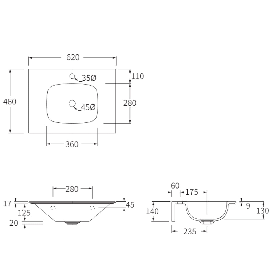 Studio Bagno Nur 620 Wall Hung Vanity Top Basin - Gloss White - NUR62/1