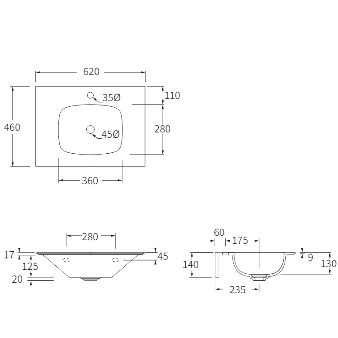 Studio Bagno Nur 620 Wall Hung Vanity Top Basin - Gloss White - NUR62/1