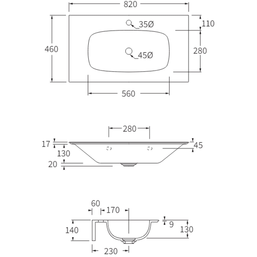 Studio Bagno Nur 820 Wall Hung Vanity Top Basin - Gloss White - NUR82/1