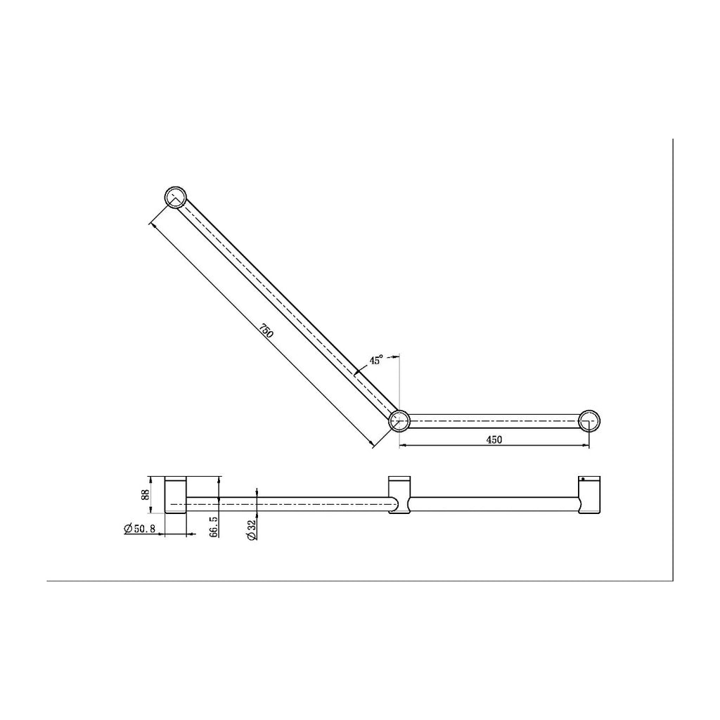 Nero Mecca Care 32mm Ambulant Toilet Grab Rail 45 Degree 750X450mm - Gun Metal - NRCR3245AGM