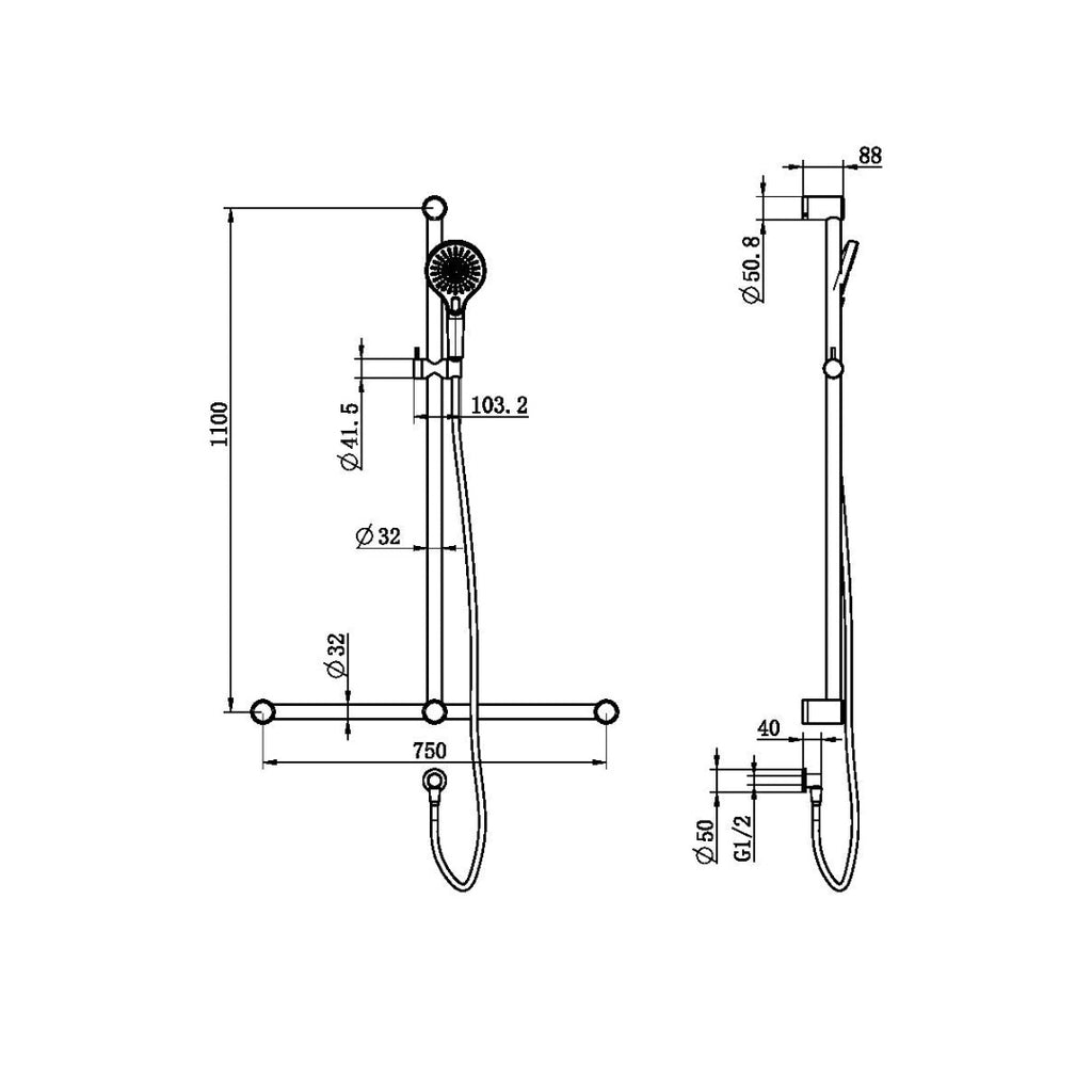 Nero Mecca Care 32mm T Bar Grab Rail And Adjustable Shower Set 1100X750mm - Brushed Bronze - NRCS006BZ