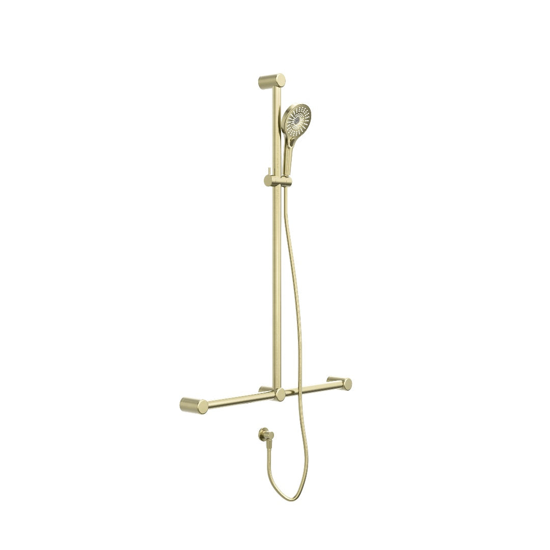 Nero Mecca Care 32mm T Bar Grab Rail And Adjustable Shower Set 1100X750mm - Brushed Gold - NRCS006BG