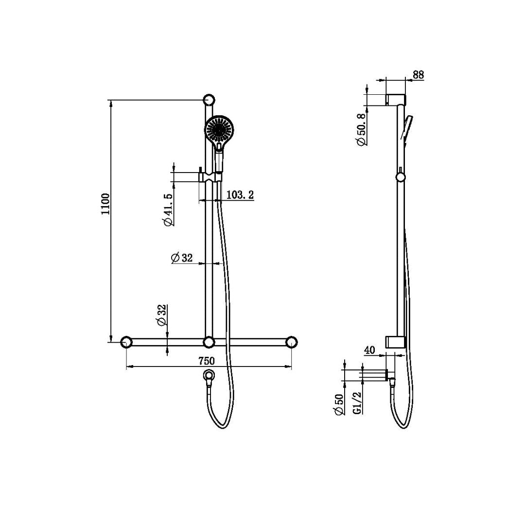 Nero Mecca Care 32mm T Bar Grab Rail And Adjustable Shower Set 1100X750mm - Brushed Nickel - NRCS006BN