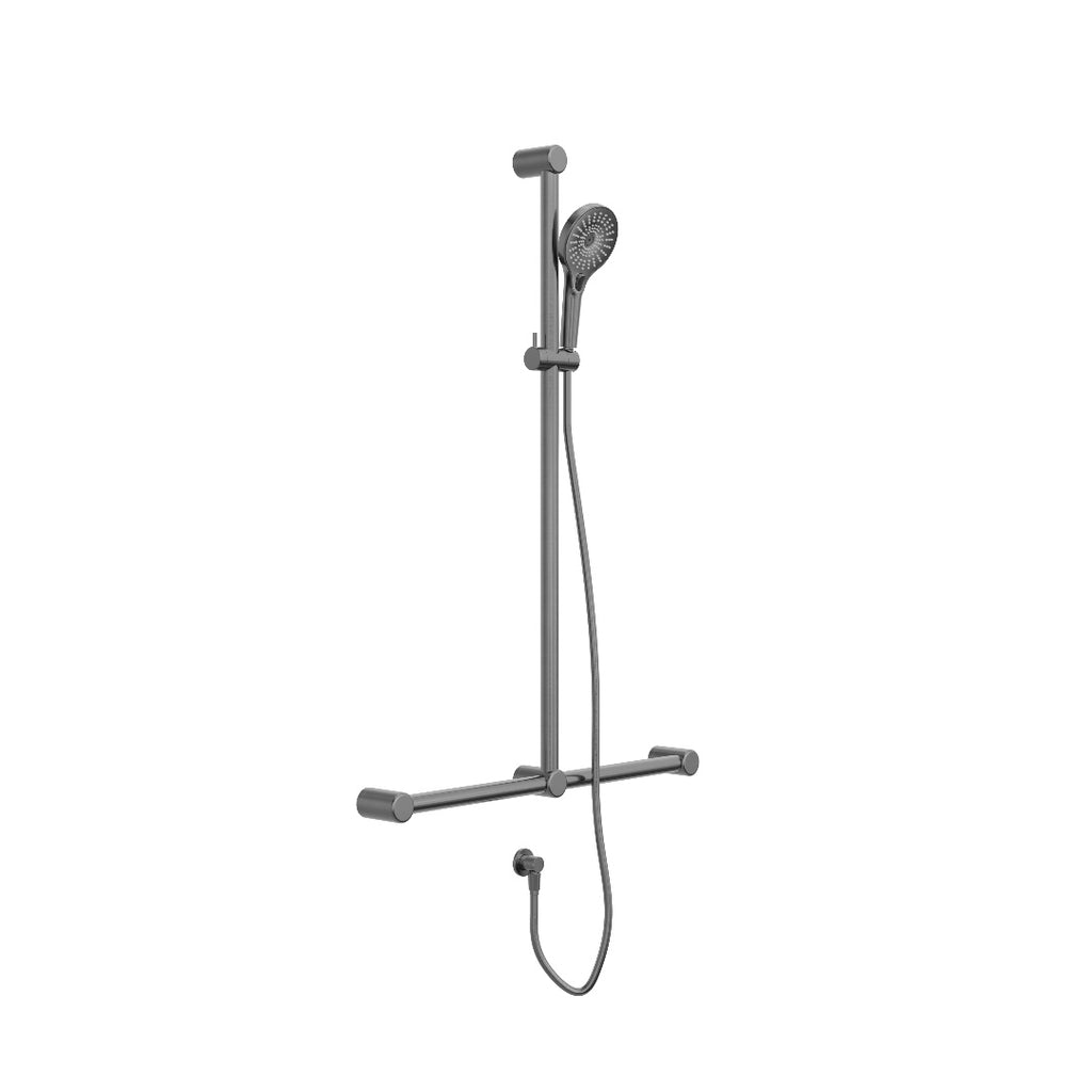 Nero Mecca Care 32mm T Bar Grab Rail And Adjustable Shower Set 1100X750mm - Gun Metal - NRCS006GM