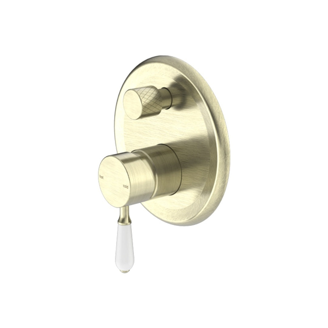 Nero York Shower Mixer With Divertor With White Porcelain Lever - Aged Brass - NR692109a01AB