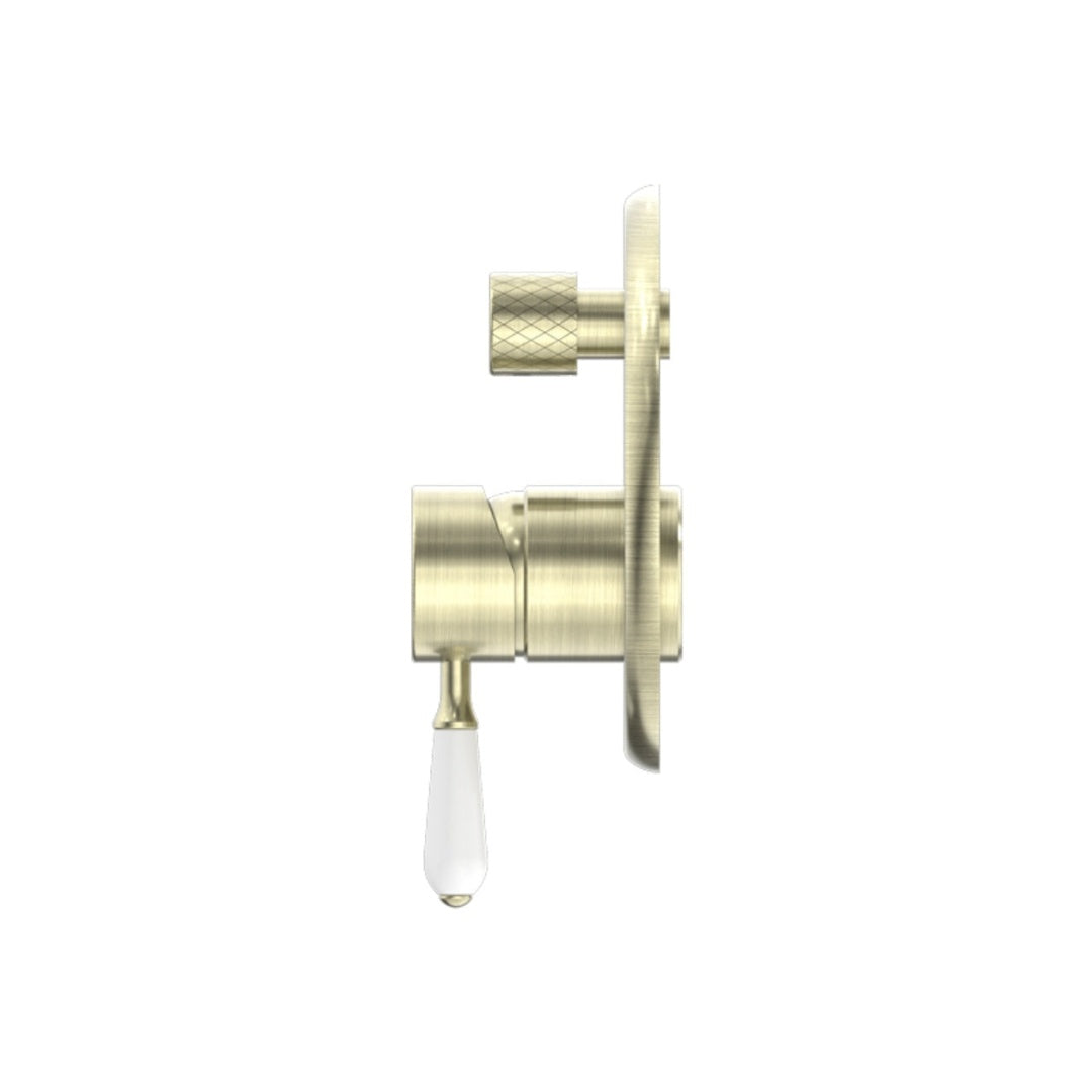 Nero York Shower Mixer With Divertor With White Porcelain Lever - Aged Brass - NR692109a01AB