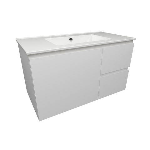 Timberline Nevada 900mm Wall Hung Vanity with Ceramic Top - Right Hand Drawers
