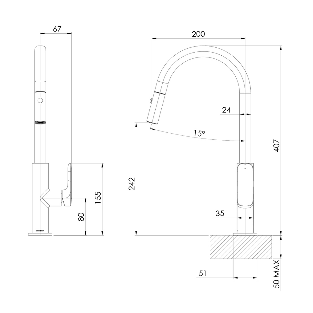 Phoenix Nuage Pull Out Sink Mixer 200mm - LF Brushed Carbon - 129-7105-31-1