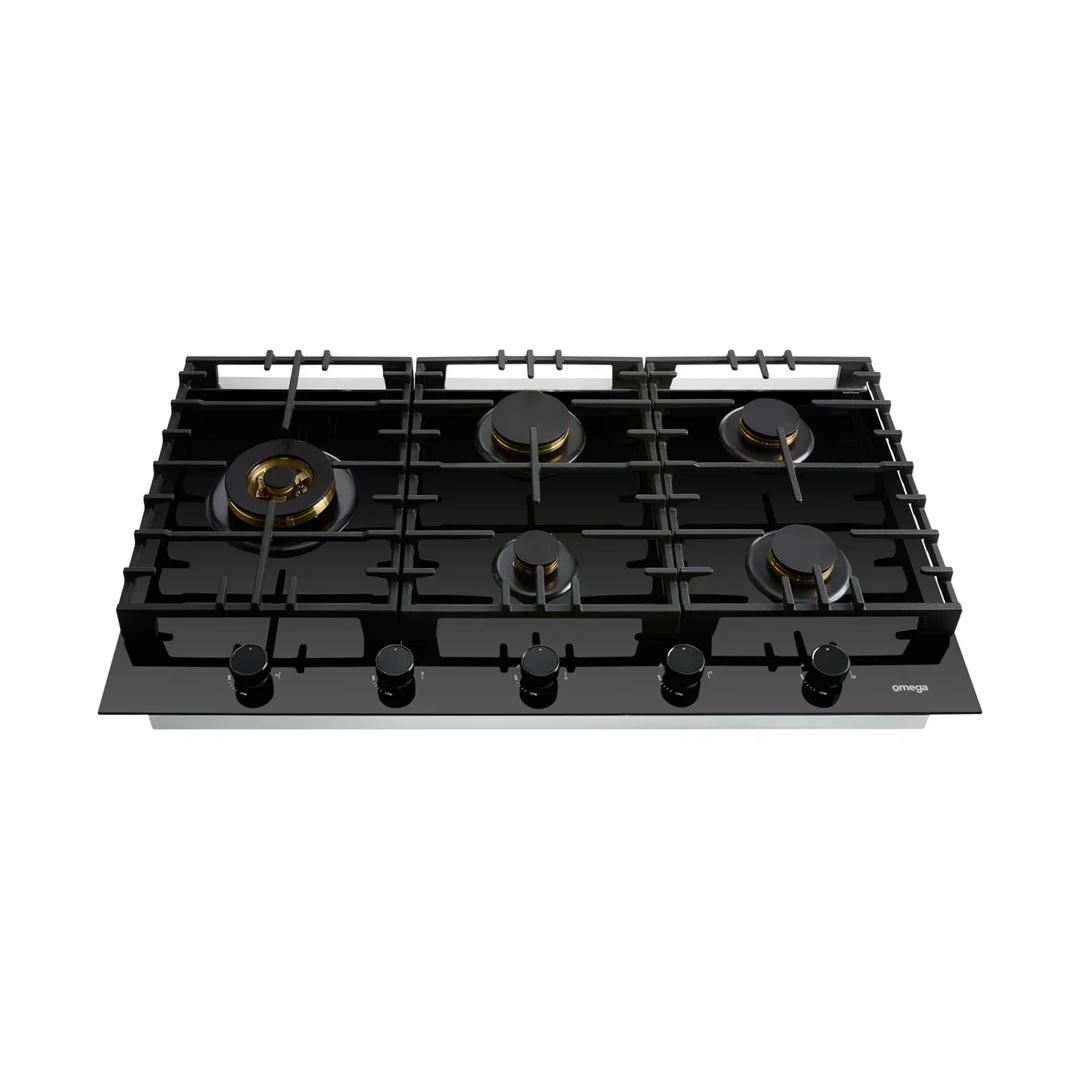 Omega 90cm Gas 5 Burner Cooktop - Black Ceramic Glass OCGG905WB