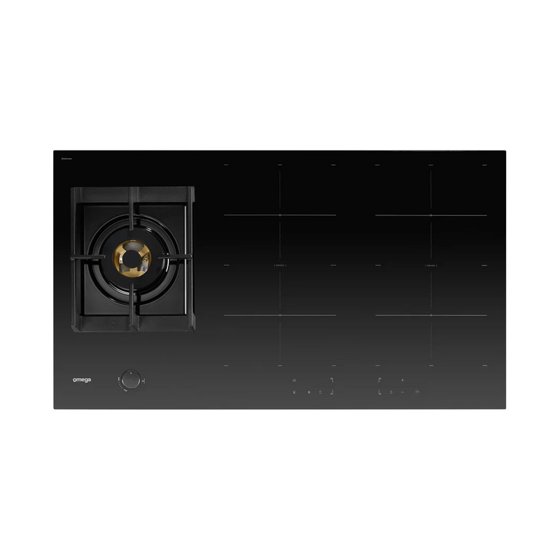 Omega 90cm Hybrid 5 Zone Cooktop Gas & Induction - Black Ceramic Glass