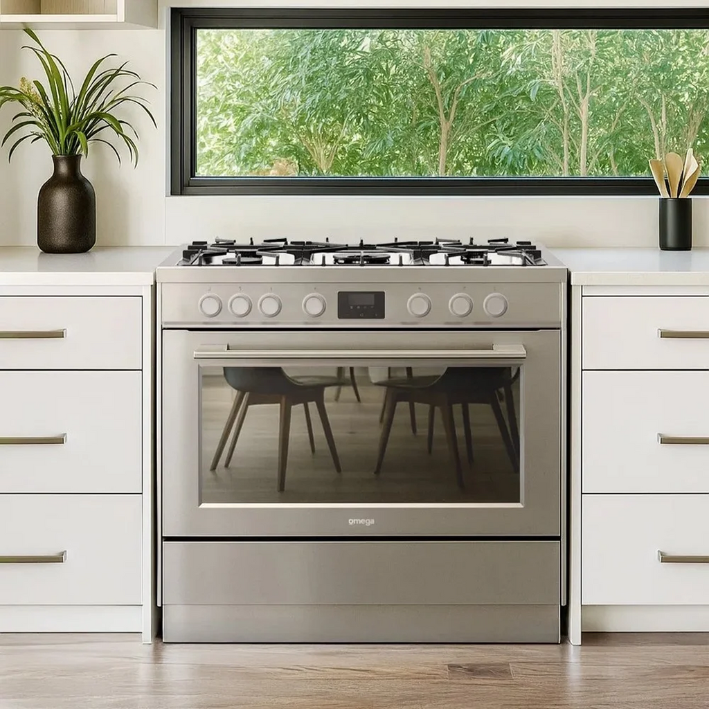Omega 90cm Freestanding 10 Function Dual Fuel Cooker - Moonlight Silver OFOGC9010X