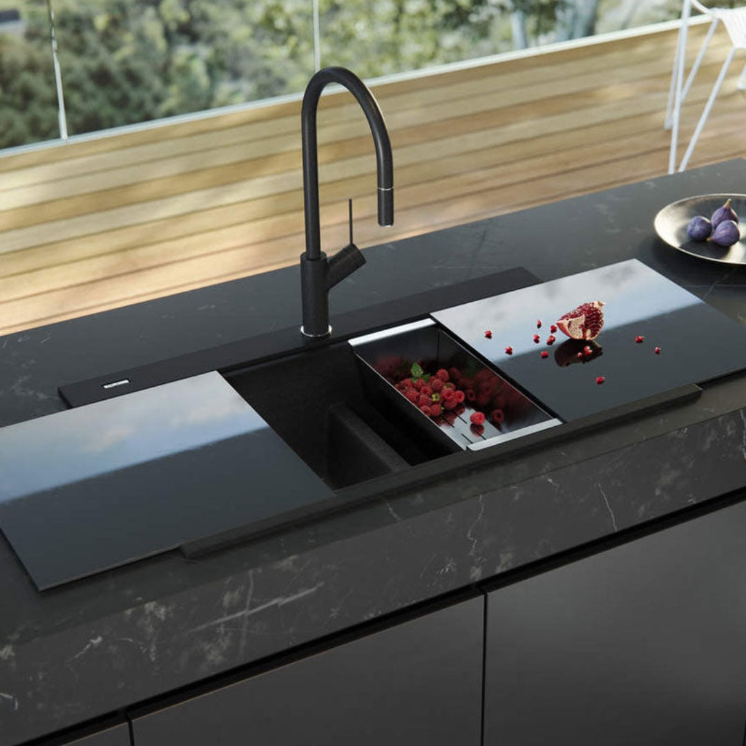 Oliveri Santorini Black Double Bowl Topmount Sink with Glass Top | ST-BL1566GT OF