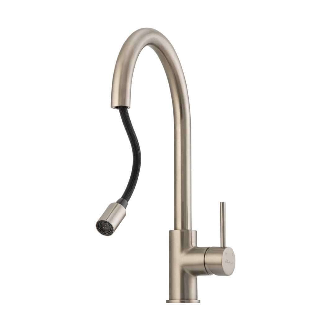 Oliveri Venice Gooseneck Pull-Out Sink Mixer - Brushed Nickel - VE520FBN-P