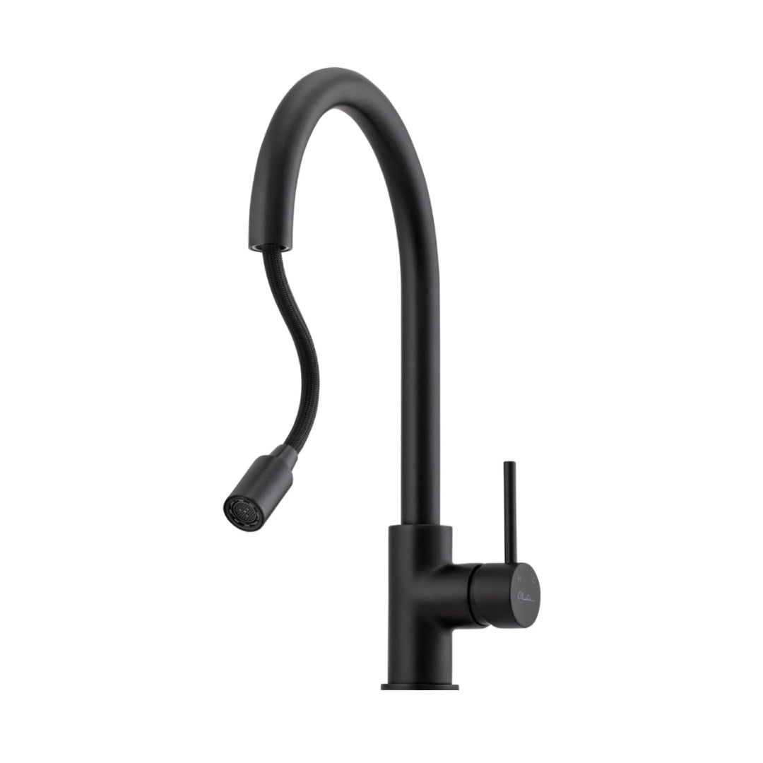 Oliveri Venice Gooseneck Pull-Out Sink Mixer - Matte Black - VE520FMB-P